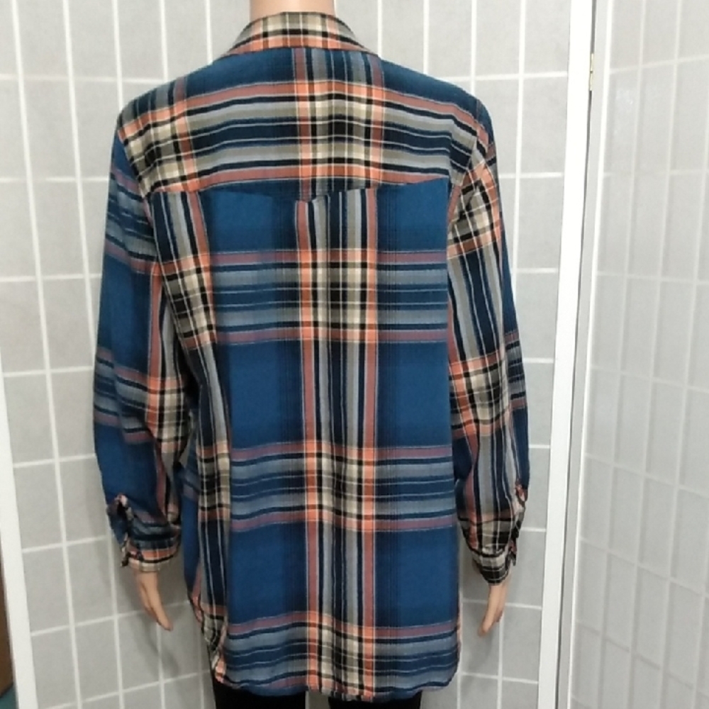 Allison Daley WMNS Blue & Peach Plaid Button-Up Flannel Shirt - Roll Tab Sleeves - Picture 7 of 12